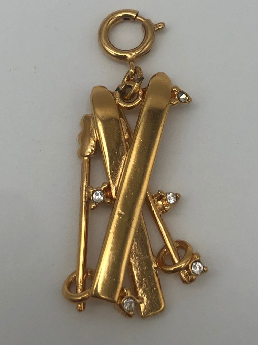 VTG Monet Crossed Skis & Poles Skiing Rhinestone Accents Charm Pendant Gold Tone